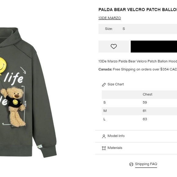 13DE MARZO PALDA BEAR VELCRO PATCH BALLON HOODIE DARK GULL GRAY -brand new - Picture 4 of 13